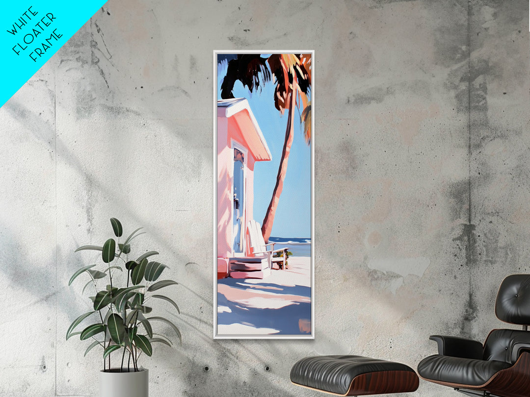 Pink Beach House, Coastal Retreat, Palm Tree Art, Framed Canvas Print, Tropical Decor, Modern Minimalist, Vacation Vibes, Wall Art