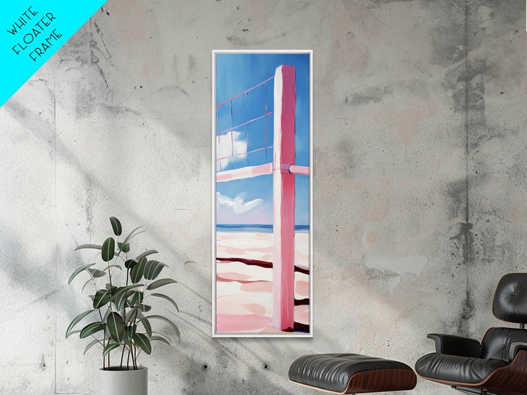 Beach Volleyball Net, Summer Fun, Pink Aesthetic, Framed Canvas Print, Modern Minimalist, Coastal Sports, Vacation Home Wall Art