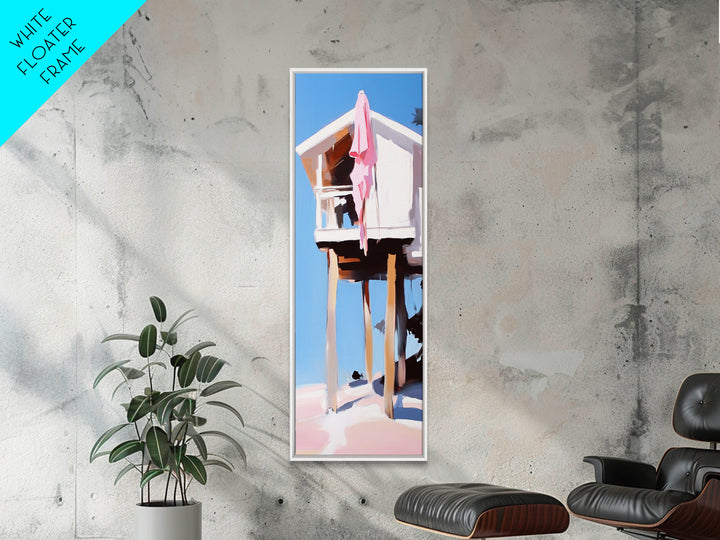 Beach Hut, Coastal Home, Seaside Escape, Nautical Decor, Ocean View, Warm Pastels, Beach House Art, Framed Canvas Print