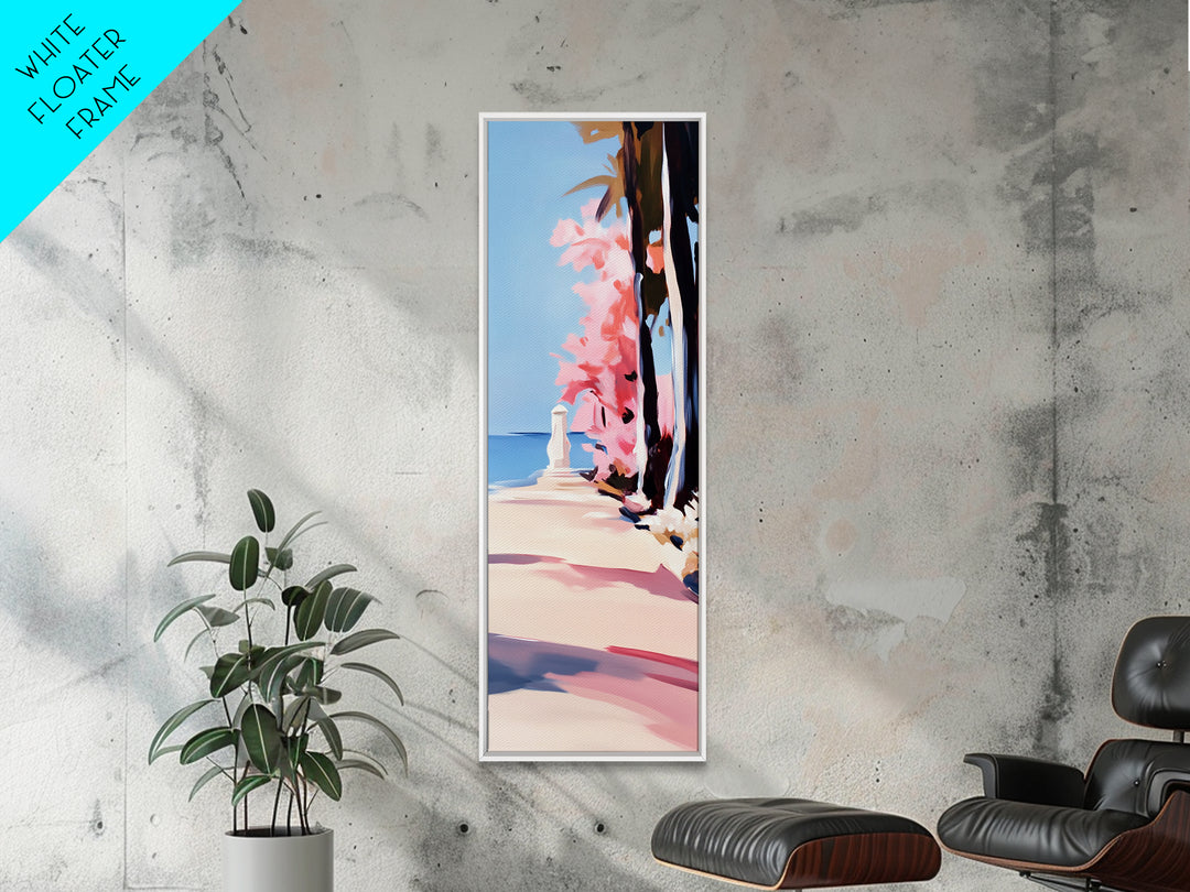Coastal Walk, Pink Blossom, Vibrant Tree Art, Canvas Print, Beach Pathway, Spring Landscape, Serene Wall Art, Living Room Decor