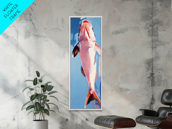 Abstract Fish, Coastal Art, Ocean Life Painting, Framed Canvas Print, Minimalist Marine Decor, Blue and Pink Aesthetic, Beach House Art