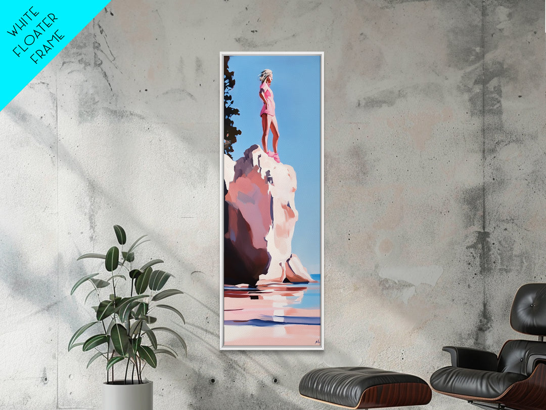 Coastal Adventure, Pink and Blue Art, Minimalist Beach Scene, Modern Landscape, Travel Inspiration, Contemporary Framed Canvas Print