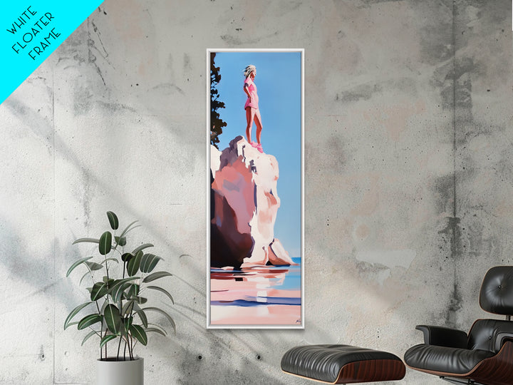 Coastal Adventure, Pink and Blue Art, Minimalist Beach Scene, Modern Landscape, Travel Inspiration, Contemporary Framed Canvas Print