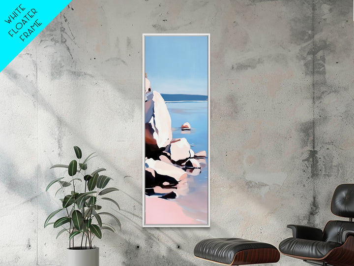 Rocky Shoreline, Minimalist Coastal Art, Nature Inspired Painting, Earthy Tones, Tranquil Beach Scene, Ocean View, Canvas Print