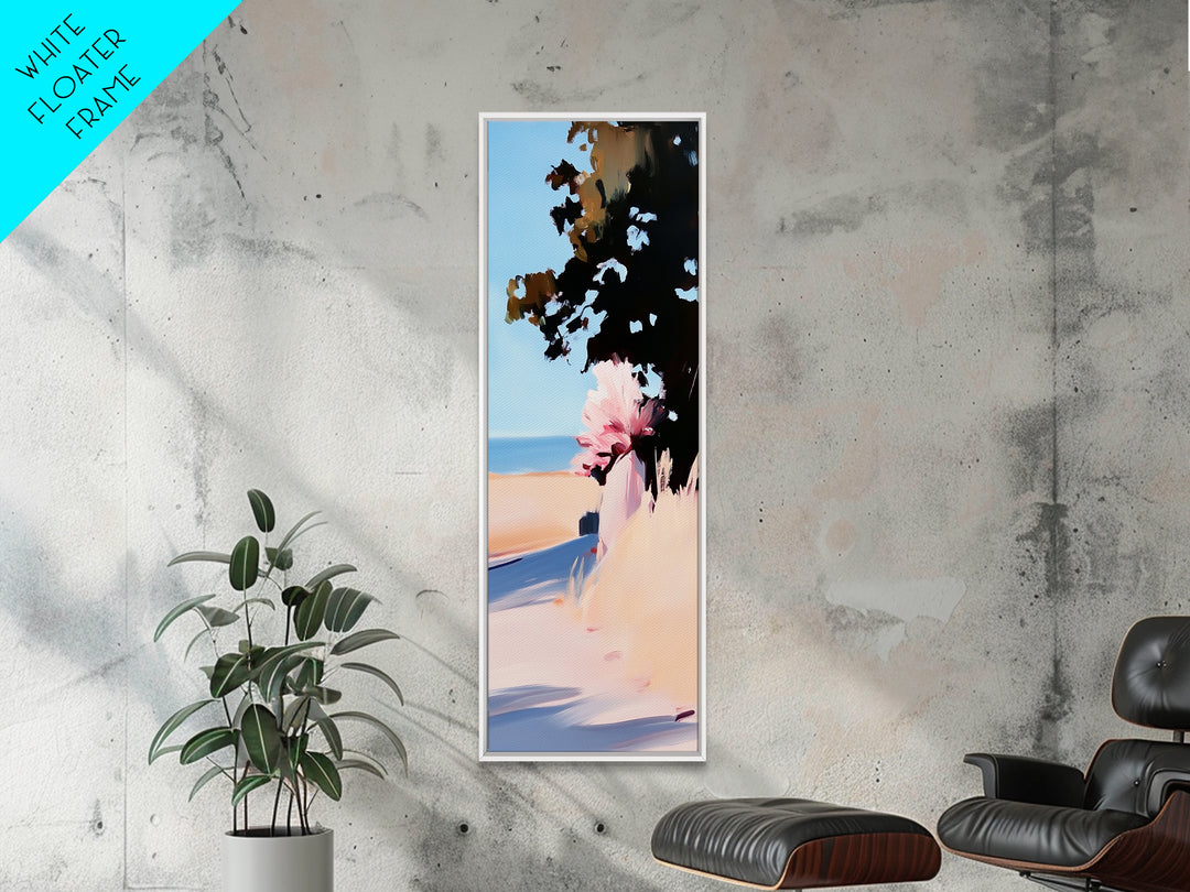 Coastal Serenity, Sunlit Landscape Art, Beachside Tranquility, Nature Inspired, Peaceful Horizon, Warm Aesthetic, Living Room Canvas Print