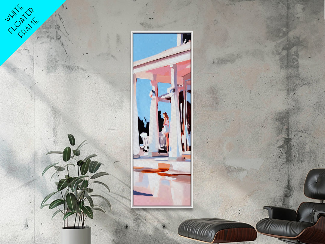 Coastal Columns, Summer Escape, Warm Pastels, Architecture Art, Framed Canvas Print, Living Room Wall Art, Modern Decor, Beach House Style