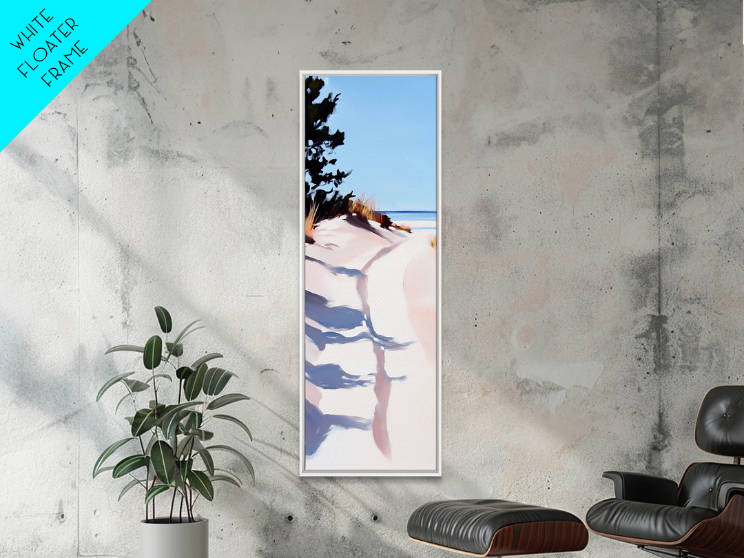 Ocean Walkway, Dunes and Shadows, Coastal Serenity, Soft Light, Framed Canvas Print, Living Room Wall Art, Beach House Decor