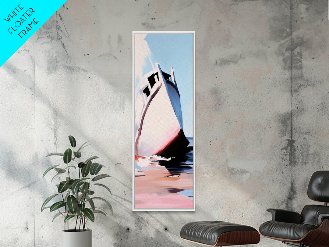 Ocean Boat, Seascape, Nautical, Modern Art, Coastal Wall Decor, Beach House, Minimalist, Blue, White, Framed Canvas Print