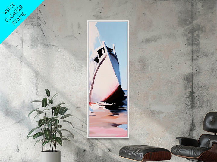 Ocean Boat, Seascape, Nautical, Modern Art, Coastal Wall Decor, Beach House, Minimalist, Blue, White, Framed Canvas Print