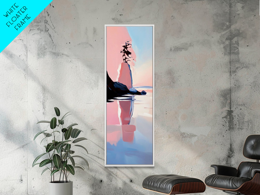 Coastal Rock, Serene Landscape, Pastel Seascape, Ocean Reflection, Boho Wall Art, Nature Inspired Framed Canvas Print, Living Room Decor