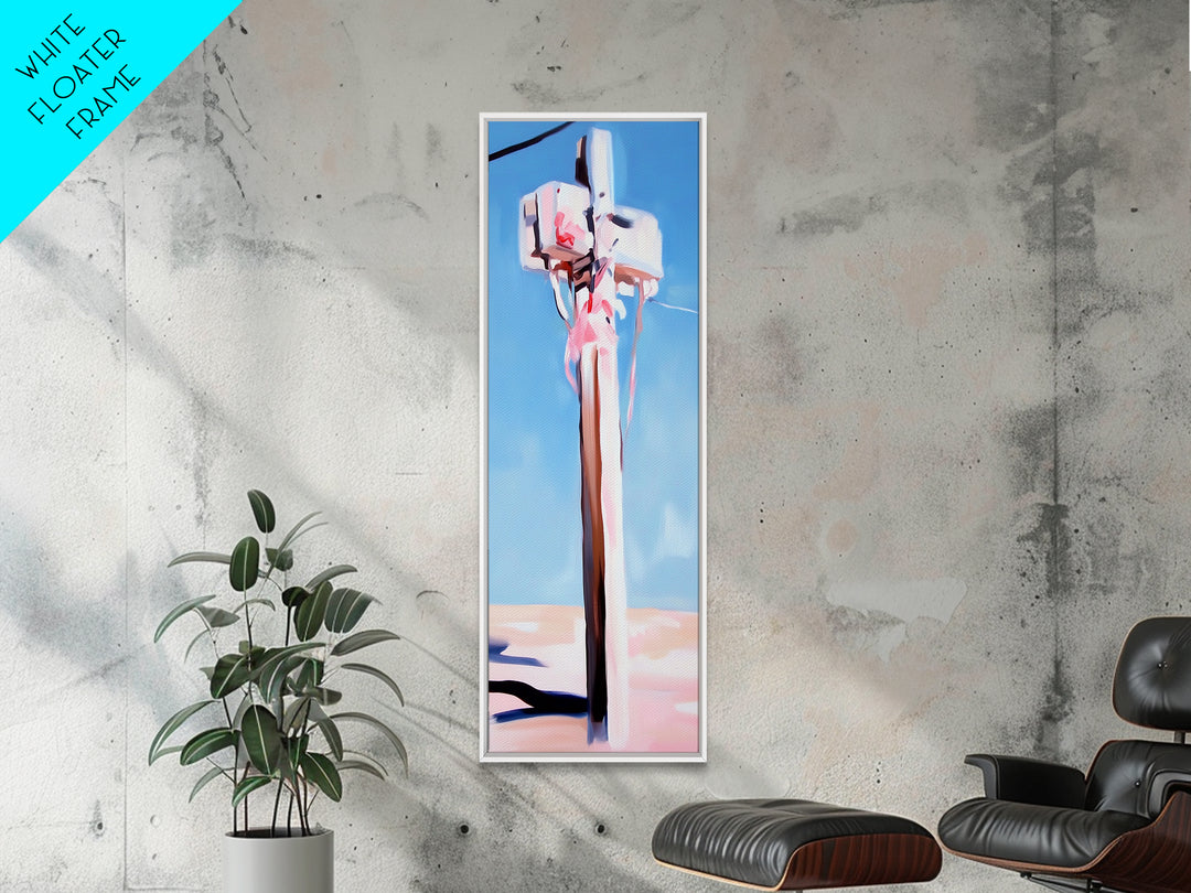 Coastal Utility Pole, Minimalist Beach Art, Soft Pastel Aesthetic, Sky Blue Landscape, Modern Wall Decor, Framed Canvas Print, Ocean Vibes