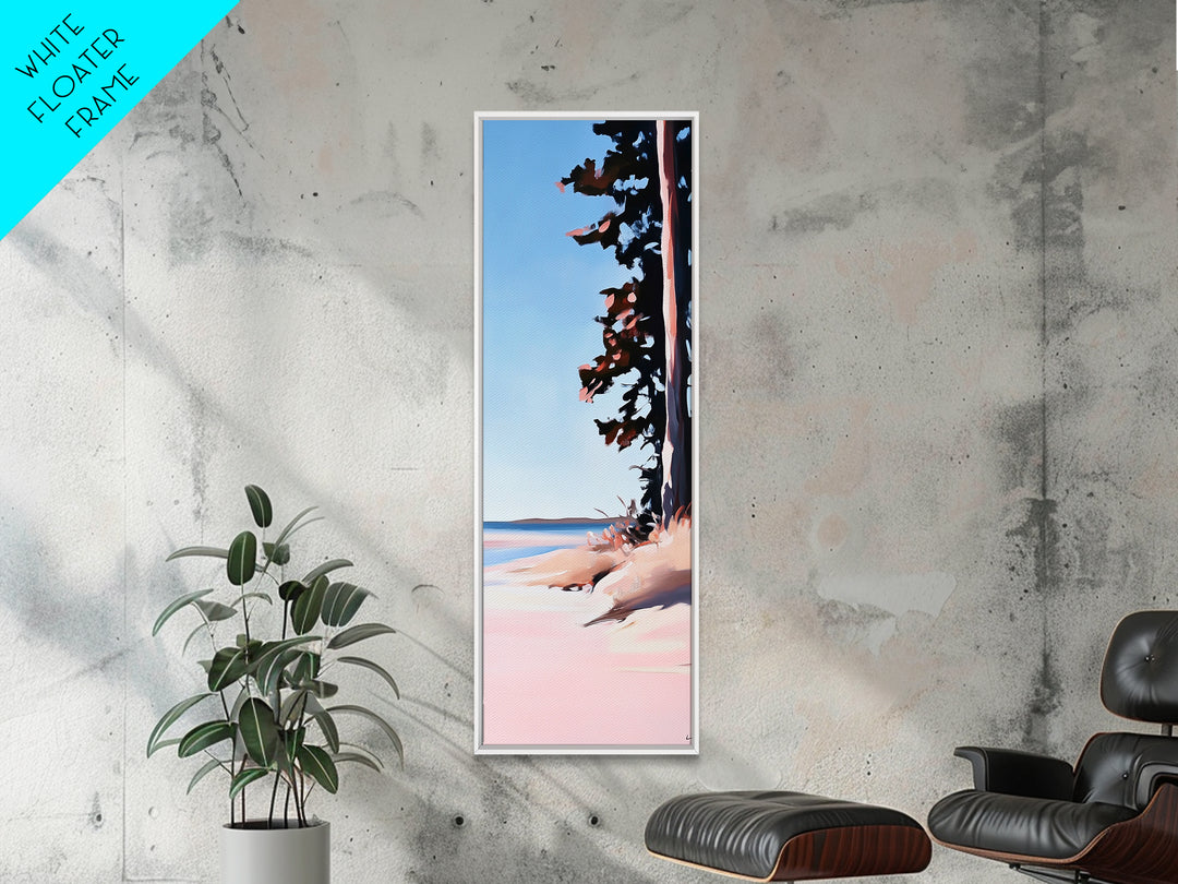 Coastal Serenity, Beach Tree Shadows, Minimalist Nature Scene, Soft Pink Blue Landscape, Tranquil Home Art, Framed Canvas Print, Ocean Escape
