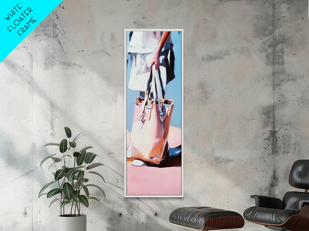 Chic Tote Bag, Fashion Illustration, Feminine Art, Pastel Minimalist Art, Modern Wall Decor, Stylish Bedroom, Framed Canvas Print