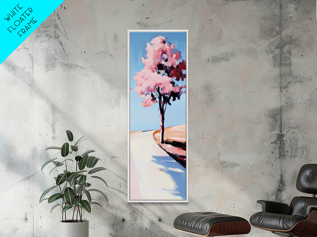 Cherry Blossom Tree, Serene Landscape Painting, Romantic Pink Art, Tranquil Nature Decor, Spring Home Decor, Framed Canvas Print