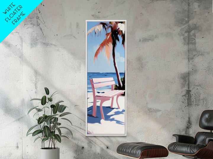 Beach Bench, Palm Tree, Ocean View, Framed Canvas Print, Coastal Wall Art, Tropical Decor, Boho Beach Art, Living Room Wall Art