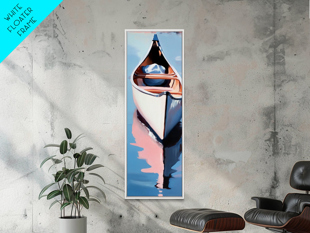 Canoe on Water, peaceful lake scene, wilderness art, adventure painting, modern minimalism, nature lover’s decor, framed canvas print