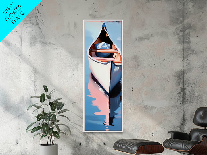 Canoe on Water, peaceful lake scene, wilderness art, adventure painting, modern minimalism, nature lover’s decor, framed canvas print
