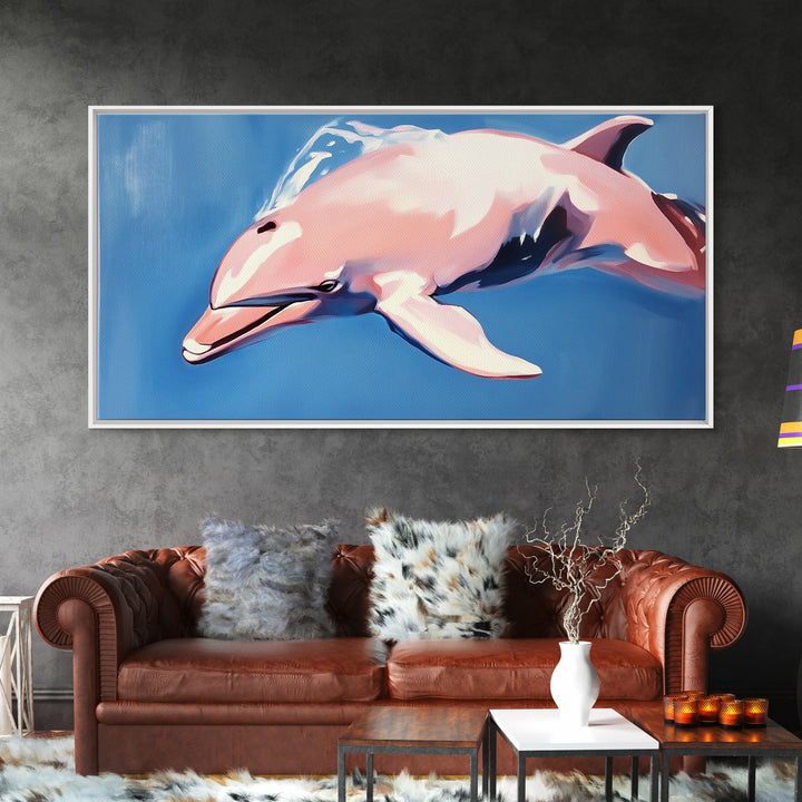Dolphin Painting, Ocean Wall Art, Coastal Home Decor, Marine Life Artwork, Blue and Pink Art, Beach House Art, Framed Canvas Print