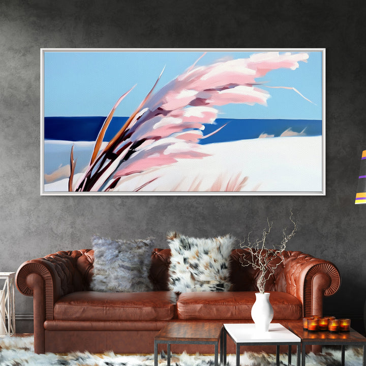 Beach Grass Art, Coastal Sand Dunes, Ocean Breeze Painting, Seaside Nature Print, Nautical Wall Decor, Framed Canvas Print