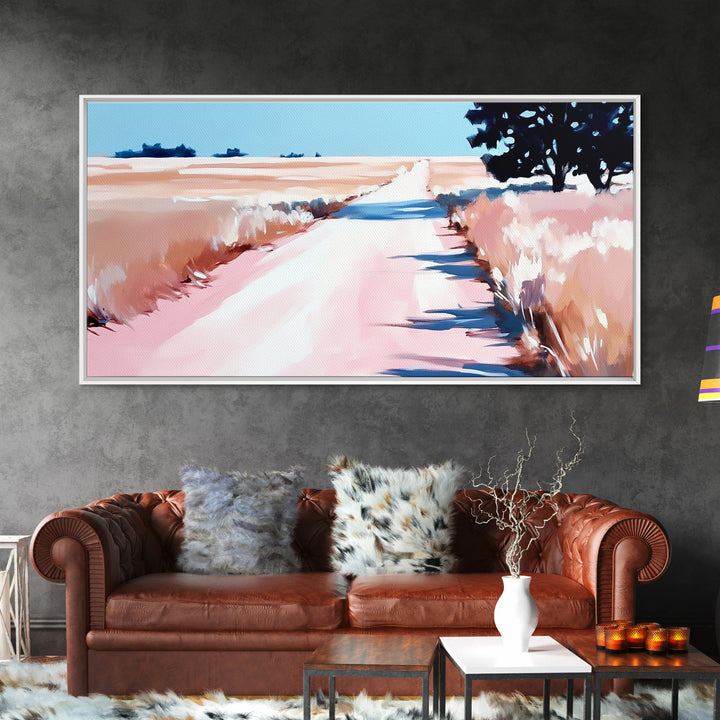 Countryside Path Art, Rustic Landscape Print, Minimalist Nature Painting, Warm Autumn Decor, Serene Scenic Artwork, Framed Canvas Print