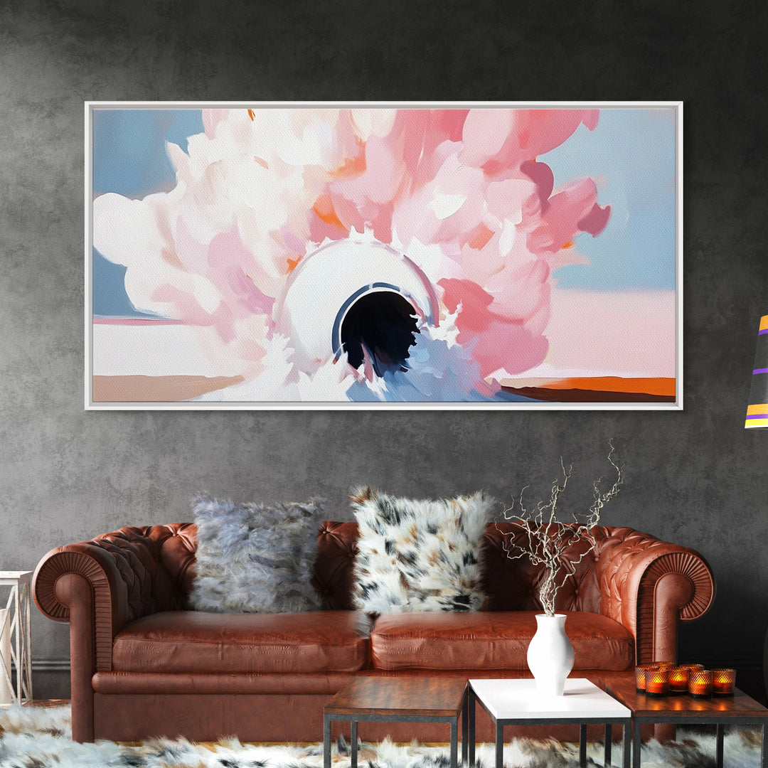 Abstract Explosion, Pink Cloud Art, Surreal Dreamy Painting, Modern Pastel Wall Decor, Whimsical Home Aesthetic, Framed Canvas Print