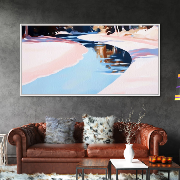 River Reflection, Serene Water Scene, Tranquil Nature Wall Art, Soft Pastel Landscape, Rustic Wilderness Decor, Framed Canvas Print