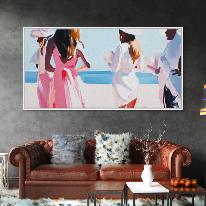 Beach Wedding Art, Elegant Women Painting, Soft Pastel Coastal Decor, Feminine Ocean Scene, Chic Minimalist Aesthetic, Canvas Print