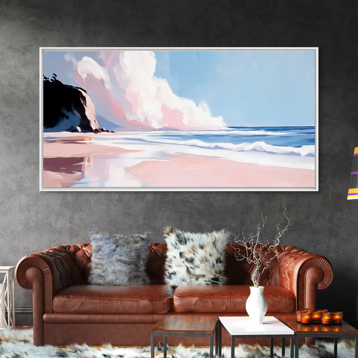 Ocean Cliff, Dreamy Coastal Landscape, Pastel Seascape Art, Framed Canvas Print, Beach House Wall Decor, Relaxing Ocean Scene