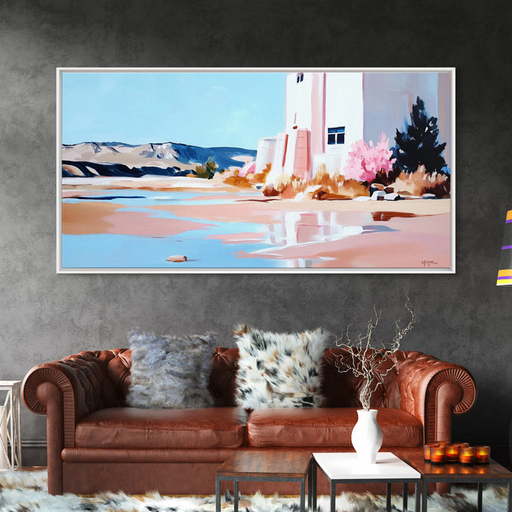 Desert Landscape, White House, Pink Trees, Canvas Print, Modern Southwest Art, Living Room Wall Art, Warm Earthy Tones, Minimalist Nature