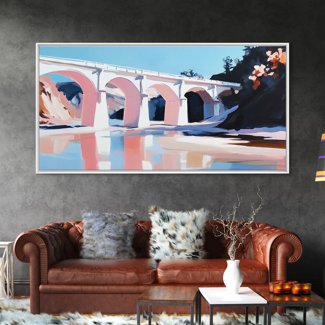 Bridge Reflection, Scenic River, Pastel Landscape, Canvas Print, Architecture Art, Living Room Wall Art, Minimalist Water Scene, Travel Art