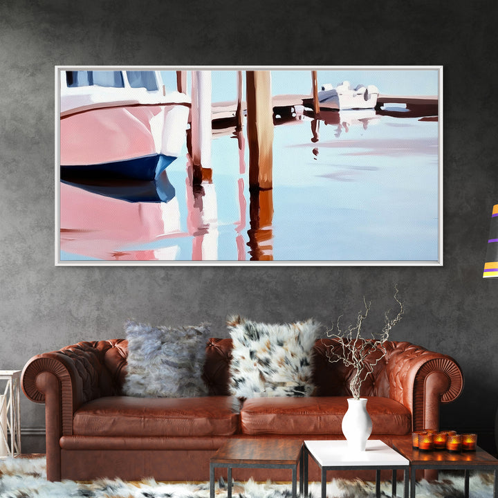 Docked Boats, Waterfront Scene, Canvas Print, Nautical Home Decor, Living Room Wall Art, Soft Pastel Aesthetic, Minimalist Seaside