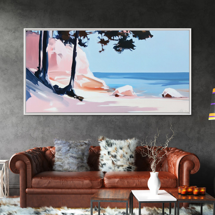 Beach Cliffs, Ocean Landscape, Coastal Art, Modern Wall Decor, Living Room Art, Framed Canvas Print, Minimalist Seascape, Pastel Artwork