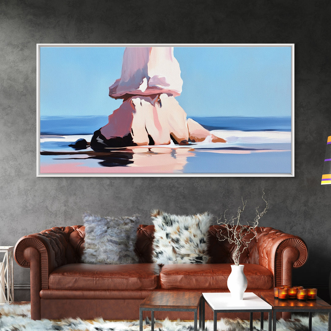 Ocean Rock, Coastal Seascape, Beach Art, Canvas Print, Nature Wall Decor, Blue and Pink Landscape, Living Room Painting, Modern Art