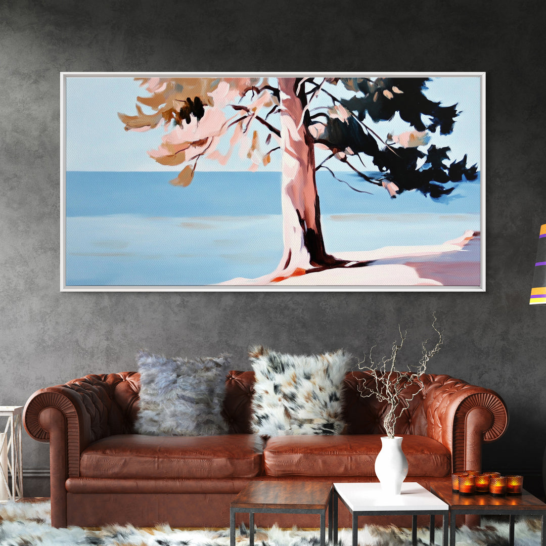 Coastal Tree, Ocean Breeze, Nature Landscape, Serene Scene, Framed Canvas Print, Beach House Wall Art, Relaxing Home Decor, Minimalist