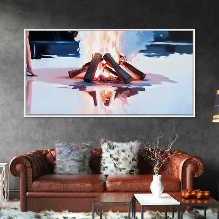 Cozy Bonfire, Fire Reflection, Campfire Glow, Autumn Night, Framed Canvas Print, Cabin Wall Art, Rustic Decor, Warm Atmosphere, Fall Art