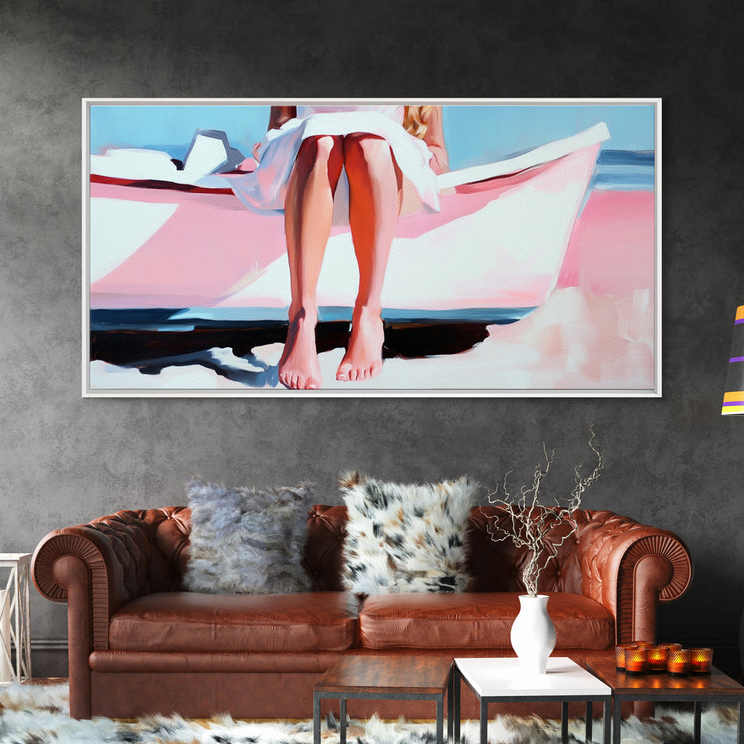Barefoot on Boat, Coastal Lifestyle, Serene Beach Art, Nautical Aesthetic, Minimalist Wall Decor, Pastel Home Art, Canvas Print