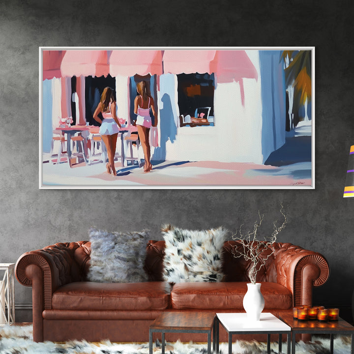 Café Scene, Pink Aesthetic, Coastal Lifestyle, Boho Summer Art, Chic Minimalist Decor, Home Wall Art, Living Room Art, Framed Canvas Print