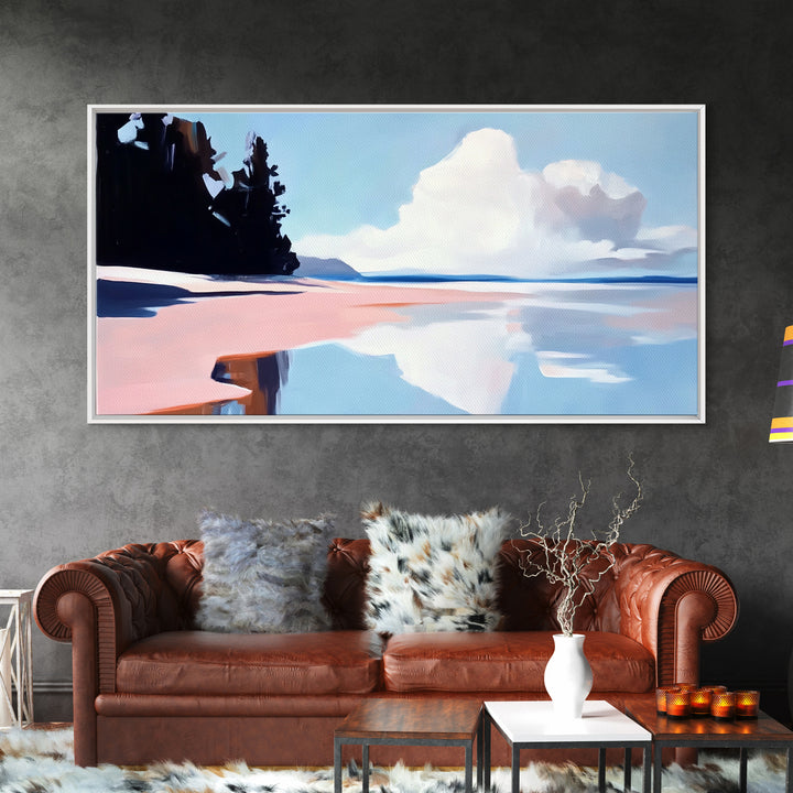 Cloudy Seascape Reflection, Tranquil Coastal Print, Minimalist Ocean Decor, Soft Pastel Landscape, Zen Home Art, Bedroom Framed Canvas Print