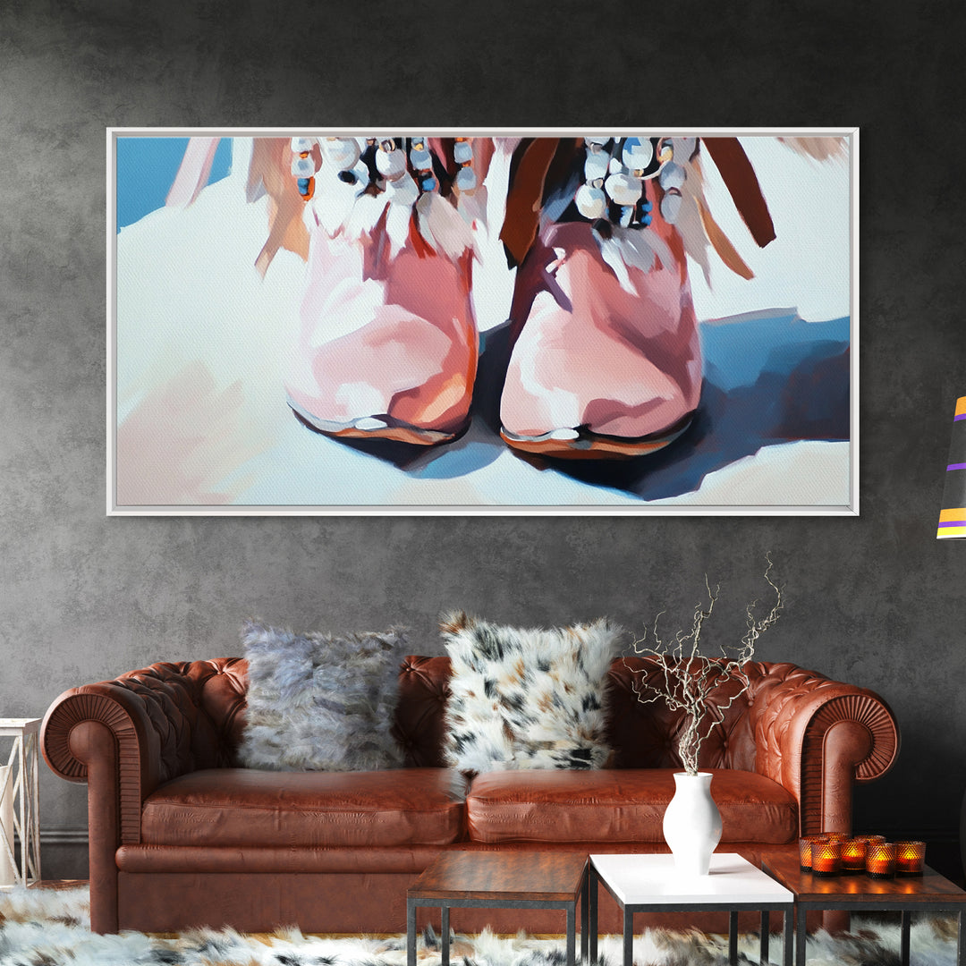 Boho Boots, Western Fashion, Beaded Cowboy Style, Rustic Aesthetic, Country Chic Decor, Modern Americana Art, Bedroom Wall Art