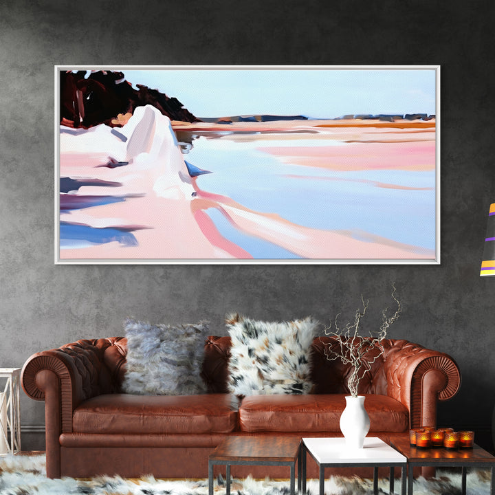 Cliffs Water, Reflection, Canvas Print, Coastal nature art, contemporary seascape painting, shoreline view, pastel scenery, ocean decor