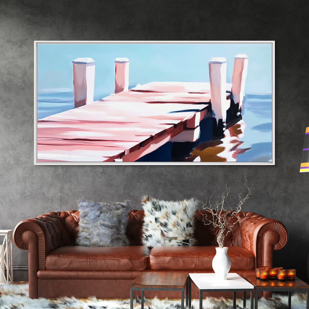 Dock on Water, Minimalist Seascape, Coastal Decor, Nautical Wall Art, Modern Beach Home, Summer Vibes, Blue Wall Art, Framed Canvas Print