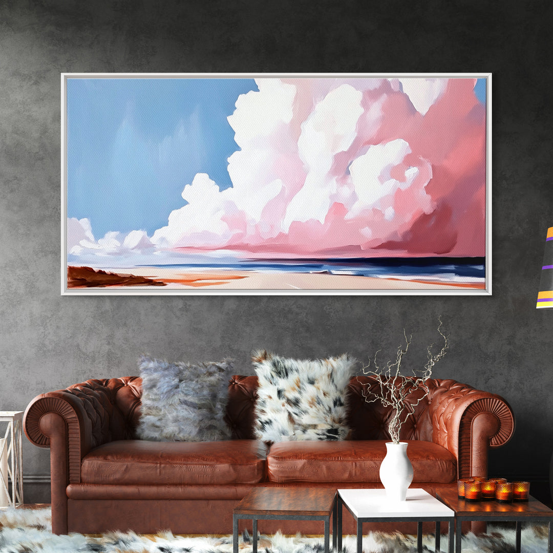 Cloudscape, Dreamy Sky, Coastal Horizon, Framed Canvas Print, Minimalist Art, Blue and Pink Decor, Bedroom Wall Art, Sky Lover Gift