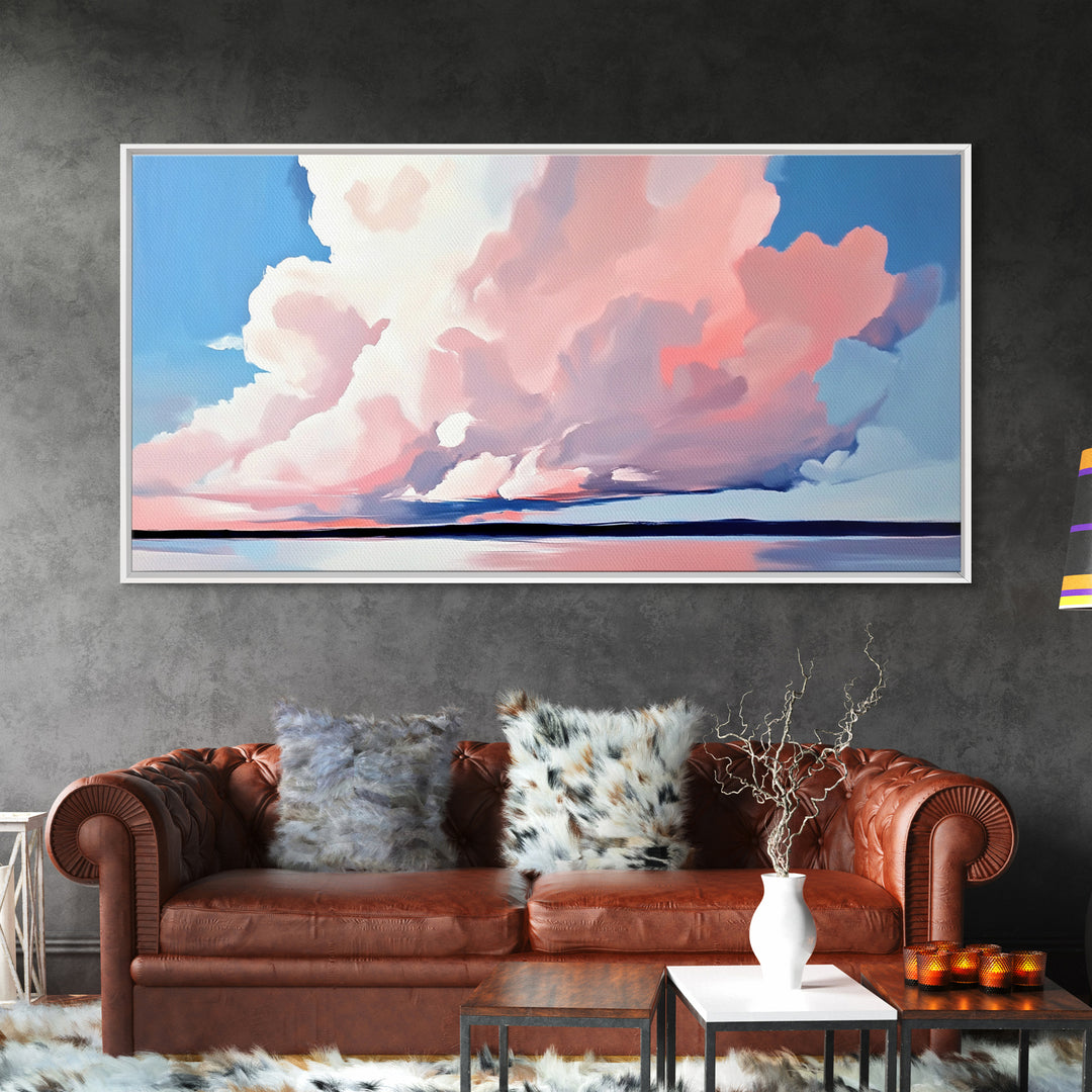 Sunset Glow, Cloud Reflections, Pastel Sky, Framed Canvas Print, Beach House Decor, Aesthetic Landscape, Contemporary Art, Serene Home Accent