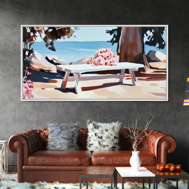 Beach Picnic, Seaside Dining, Summer Wall Art, Framed Canvas Print, Coastal Decor, Relaxing Atmosphere, Kitchen Art, Nautical Aesthetic