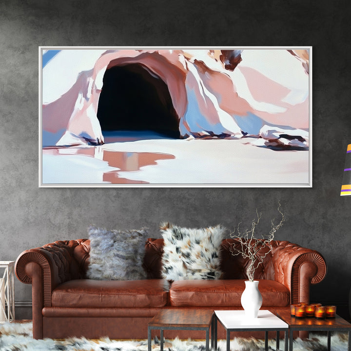Cave Entrance, Surreal Landscape Art, Abstract Coastal Print, Pink Beige Tones, Nature Inspired, Boho Wall Decor, Framed Canvas Print