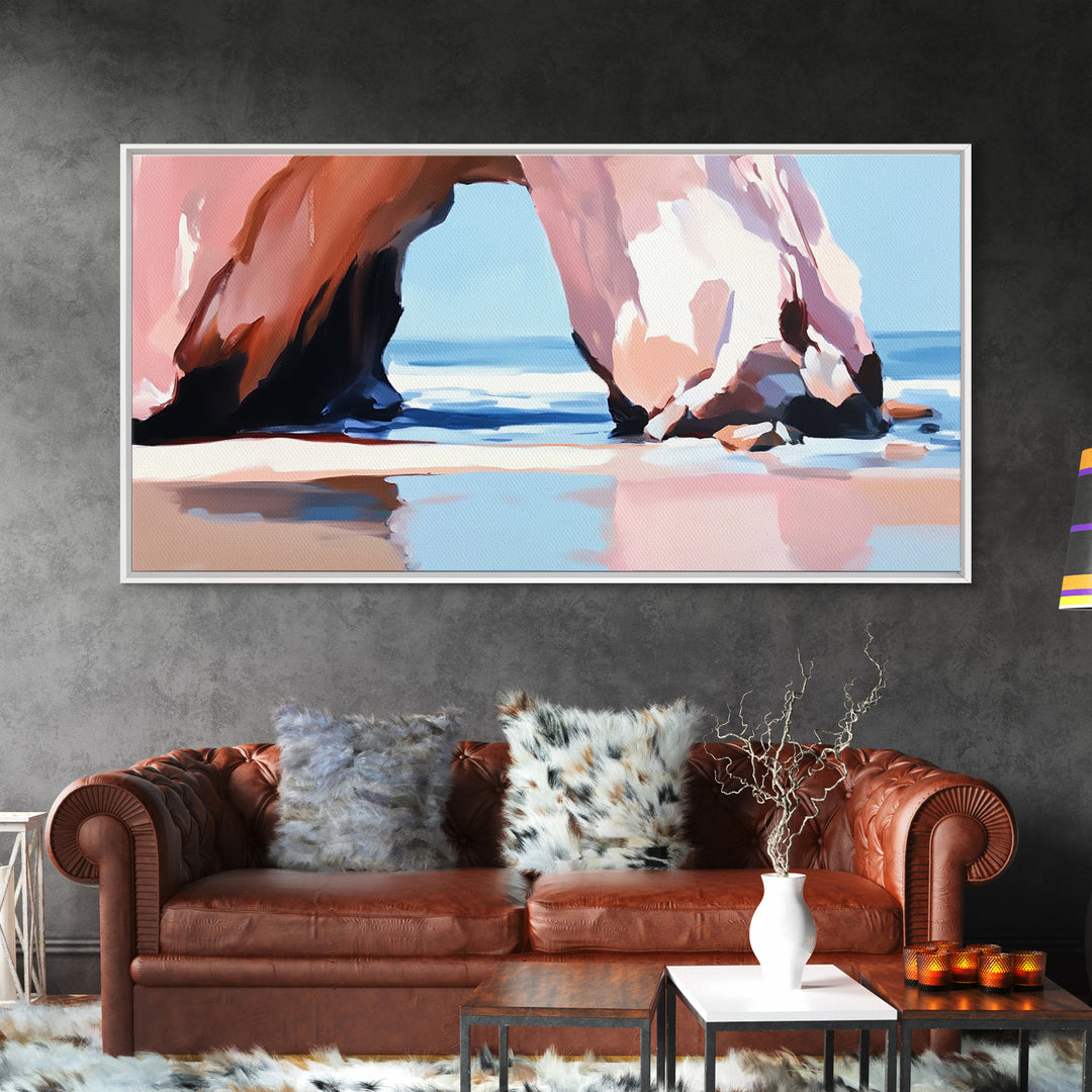 Rock Arch, Coastal Nature Art, Ocean Landscape Painting, Framed Canvas Print, Beach Wall Decor, Seascape Art, Minimalist Decor