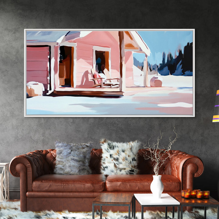 Pink Cabin, Winter Landscape Art, Cozy Home Decor, Framed Canvas Print, Rustic House Painting, Christmas Wall Art, Snowy Scene