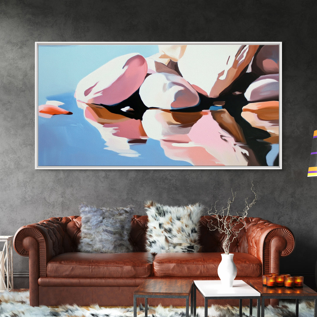 River Rocks, Reflections, Framed Canvas Print, Minimalist Nature Art, Abstract Water Scene, Earthy Wall Art, Modern Decor, Living Room