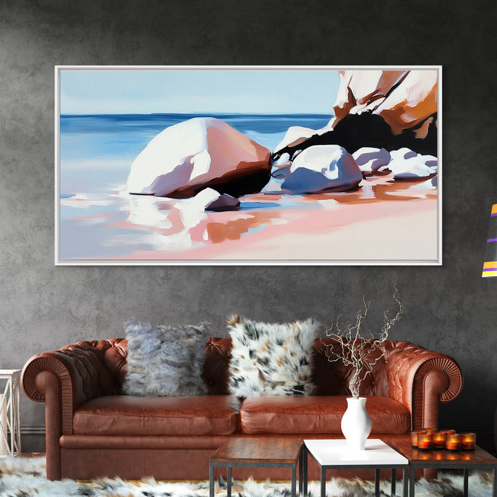 Ocean Stones, Beach Scene, Framed Canvas Print, Coastal Wall Art, Pastel Seascape, Nautical Decor, Serene Artwork, Bedroom Wall Art