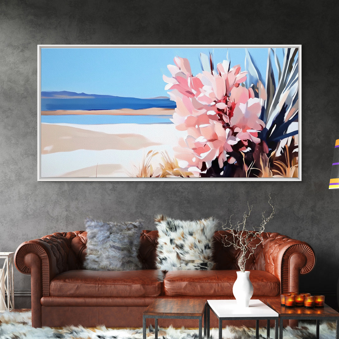 Desert Bloom, Southwest Landscape, Cactus and Flowers, Warm Toned Artwork, Boho Living Room Art, Pink and Blue Painting, Canvas Print